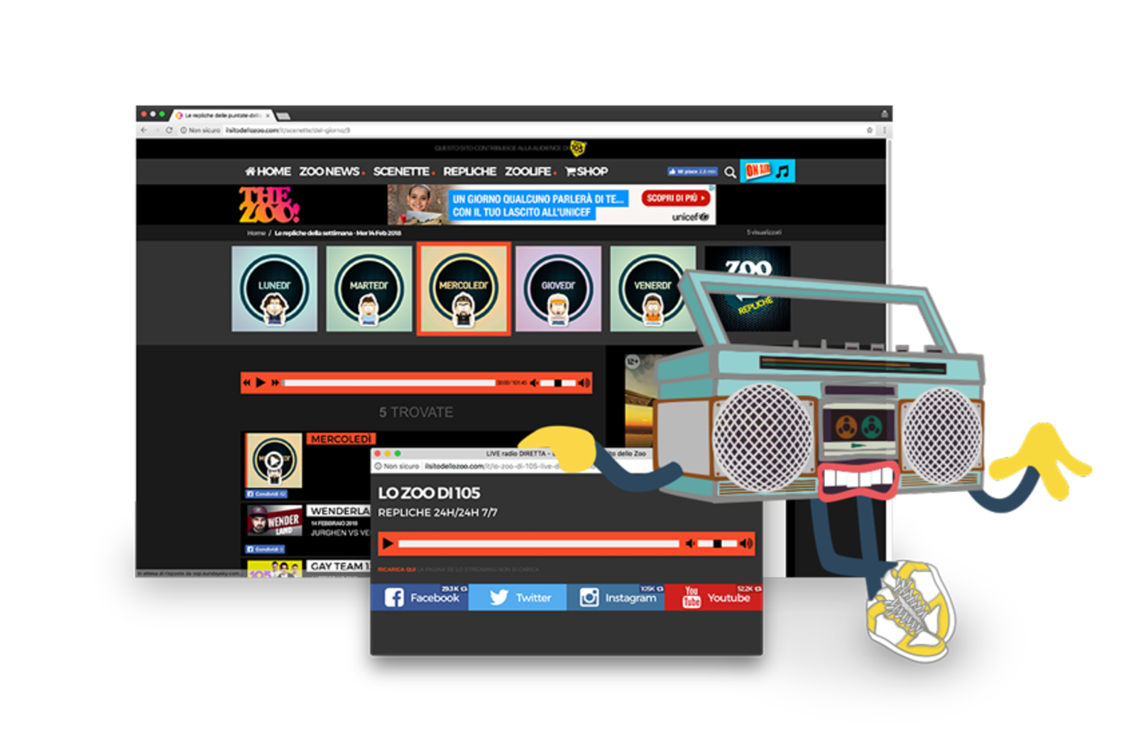 Image consisting of multiple screens of the site including the live screen