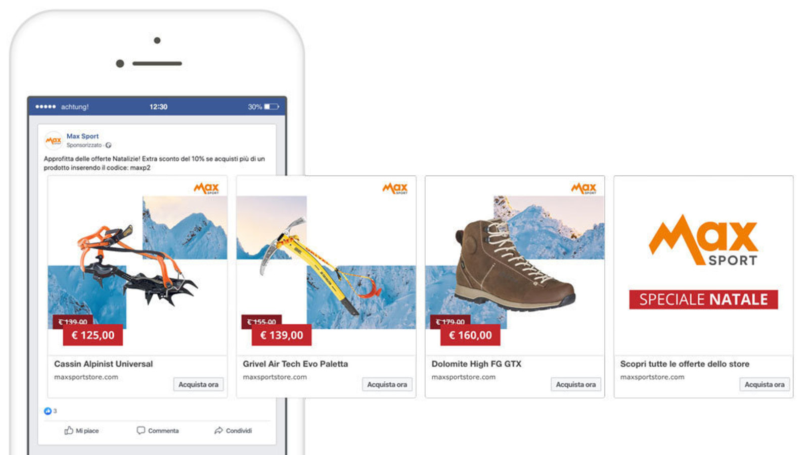 Mockup di un carosello Facebook delle attrezzatura da montagna in vendita su Max Sport