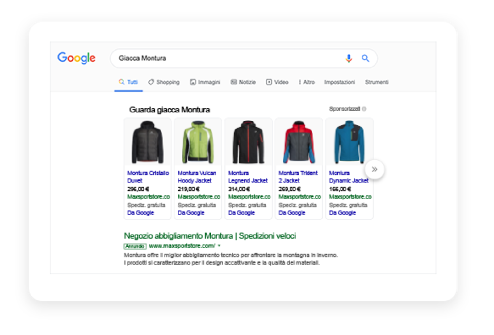 Screen che mostra alcuni prodotti Max Sport su Google Shopping