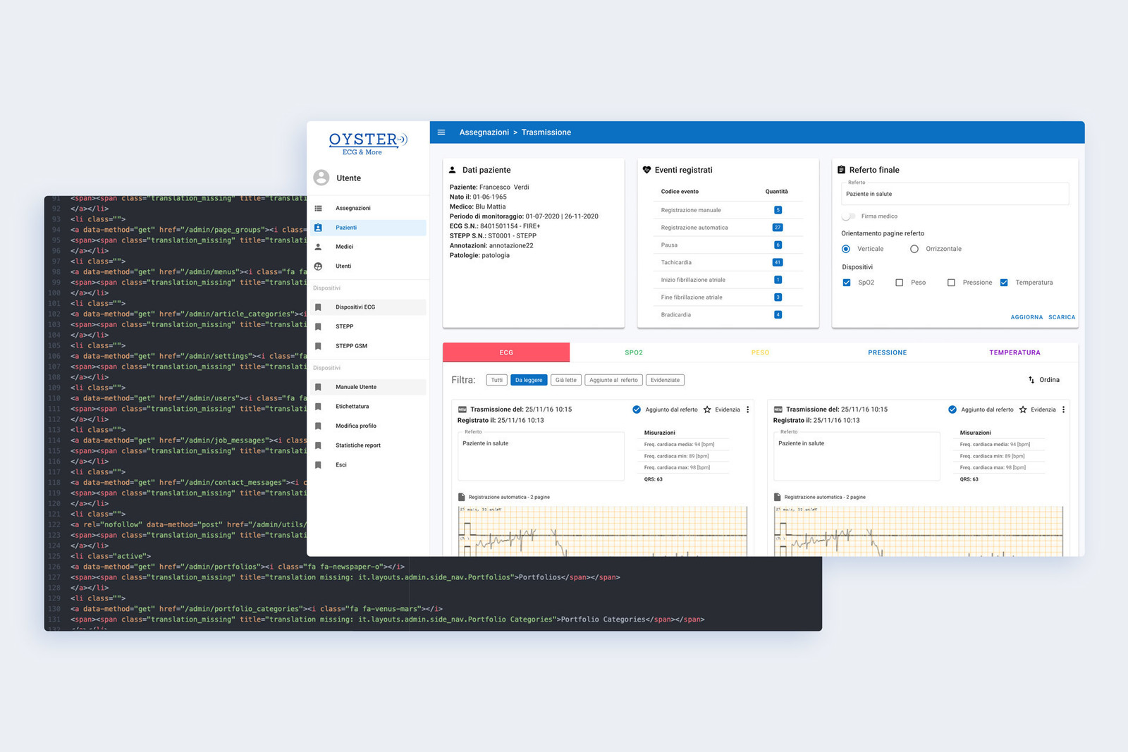 Due schermate che mostrano il codice e la dashboard