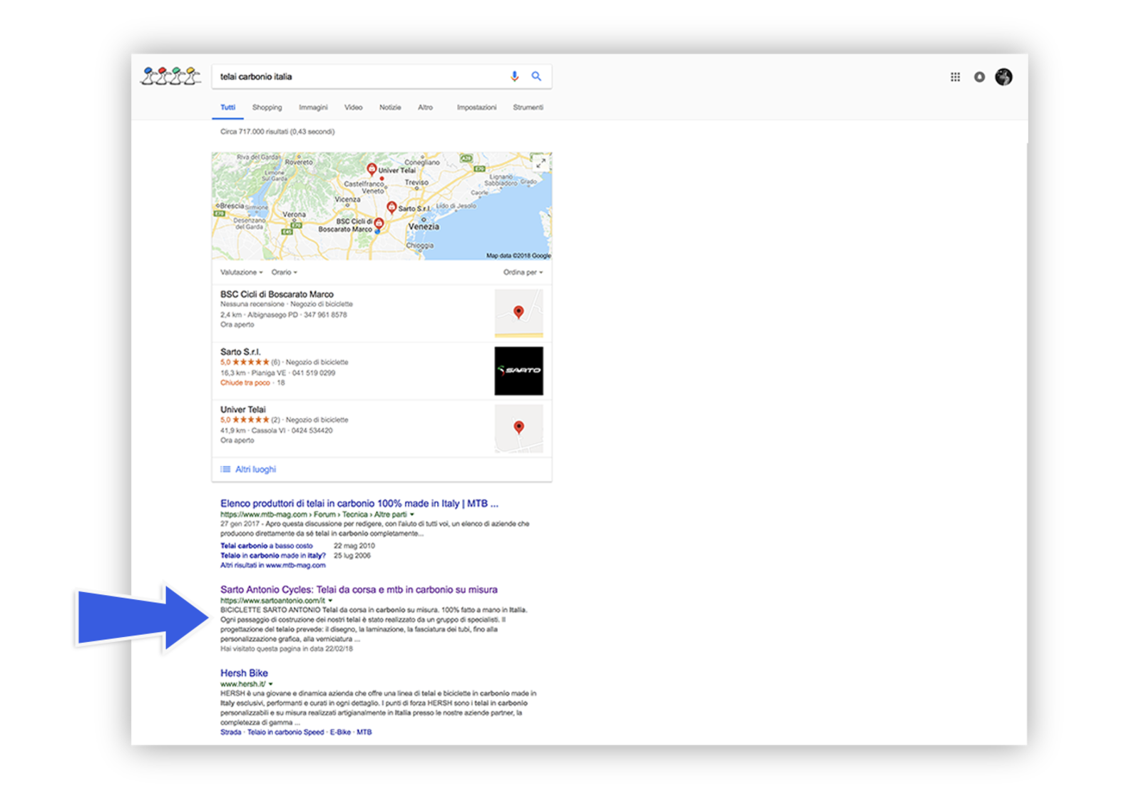 Screenshot del posizionamento del sito di Sarto nelle ricerche Google
