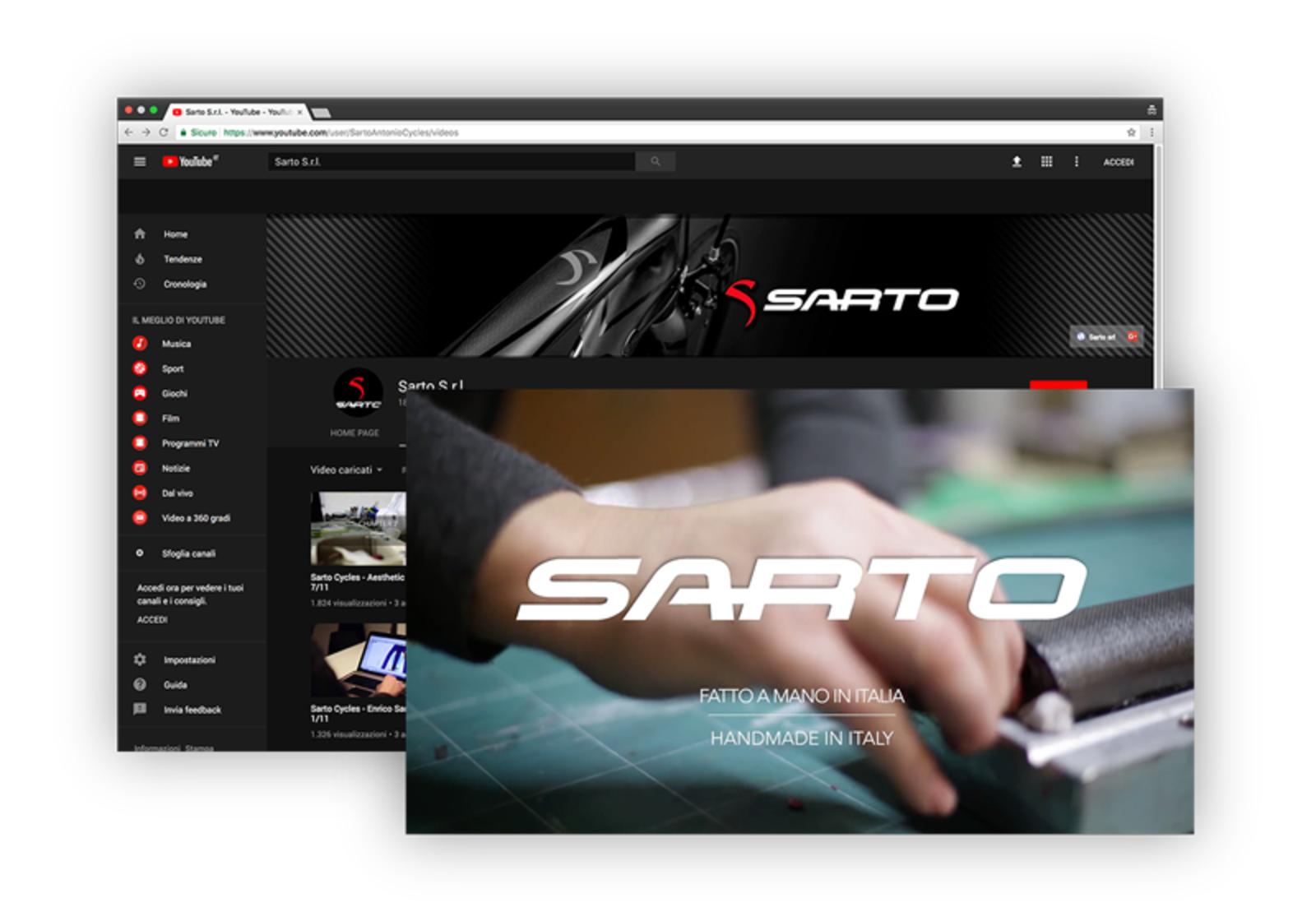 Mockup screenshot della pagina YouTube di Sarto e di un video esempio