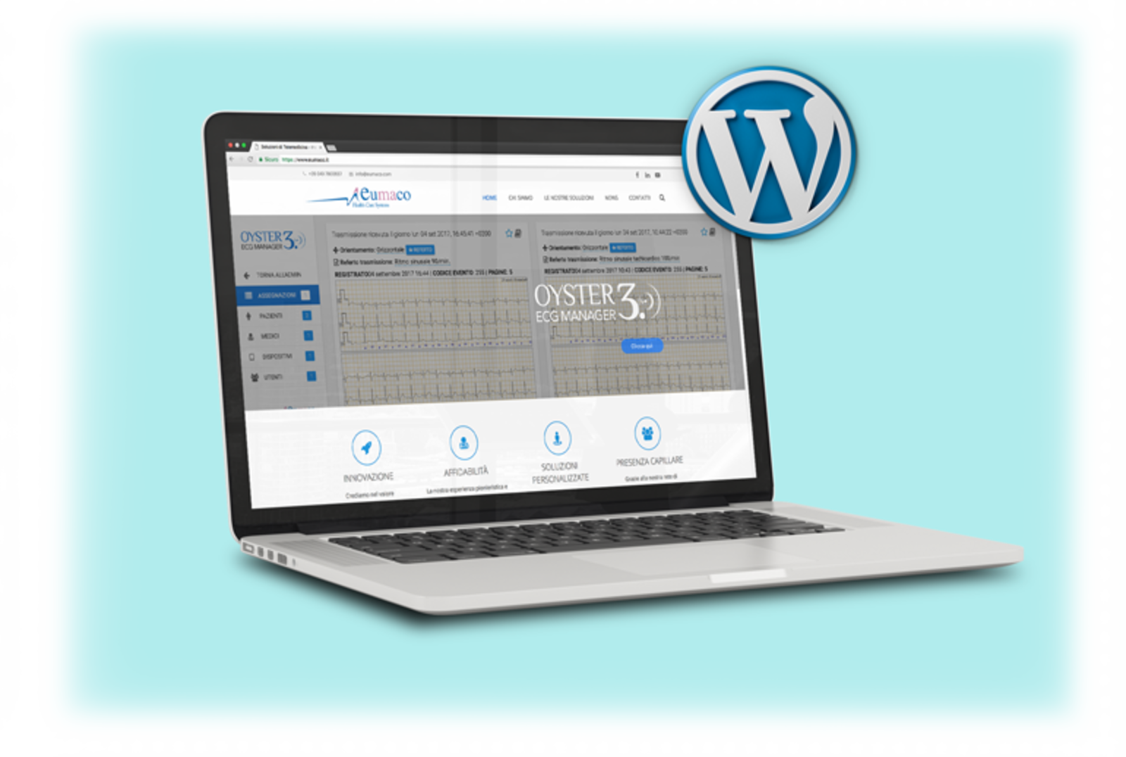 Laptop with screen Mastergest and Wordpress logo