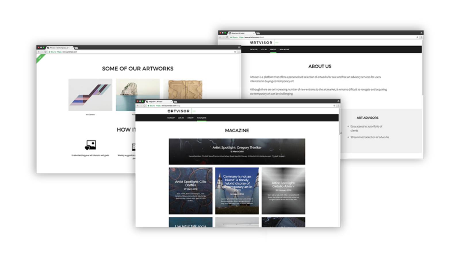 screenshot di esempio delle pagine del sito di arte Artvisor