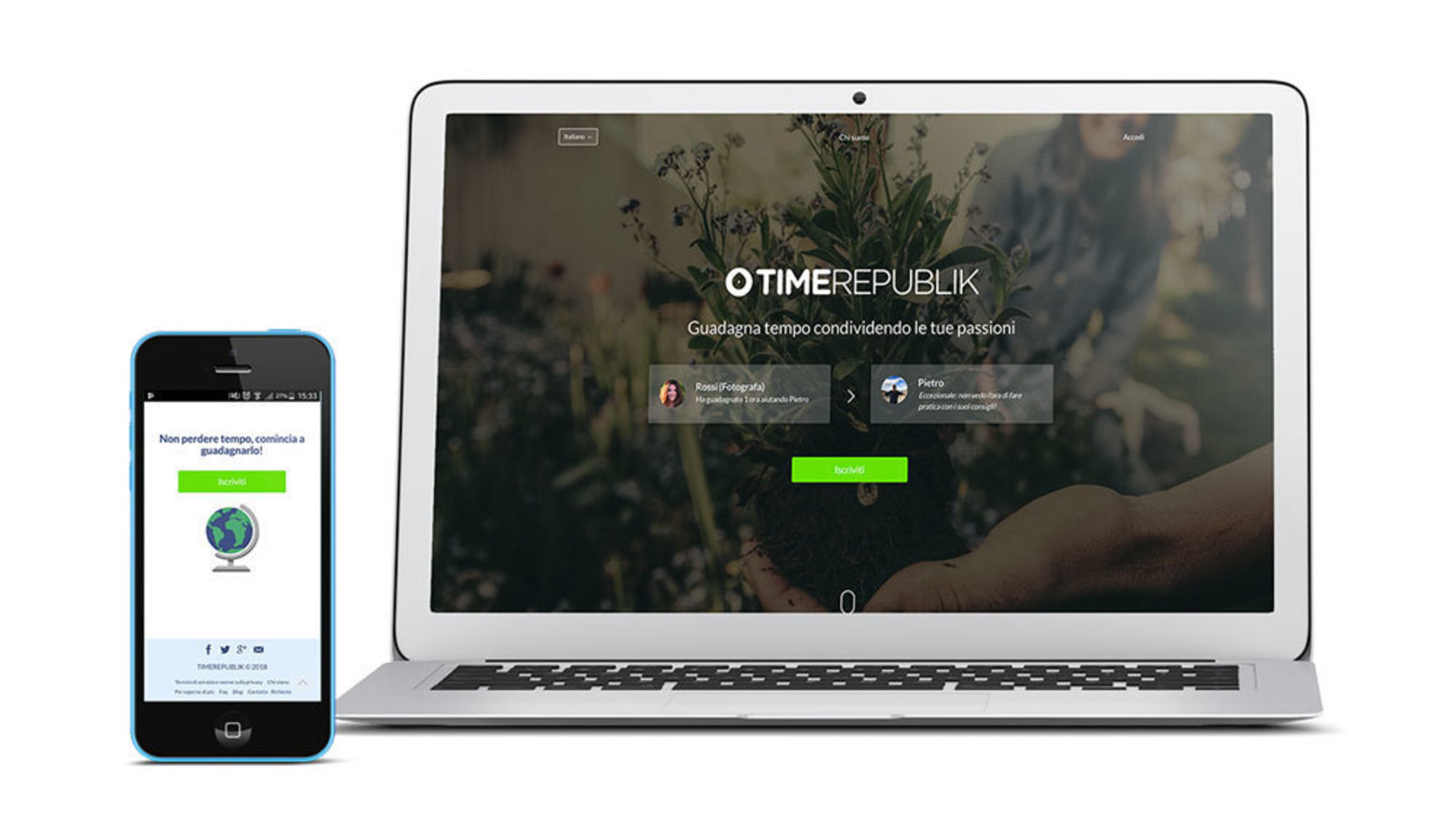 Mockup di dispositivo mobile e laptop con la pagina web di Time Republik