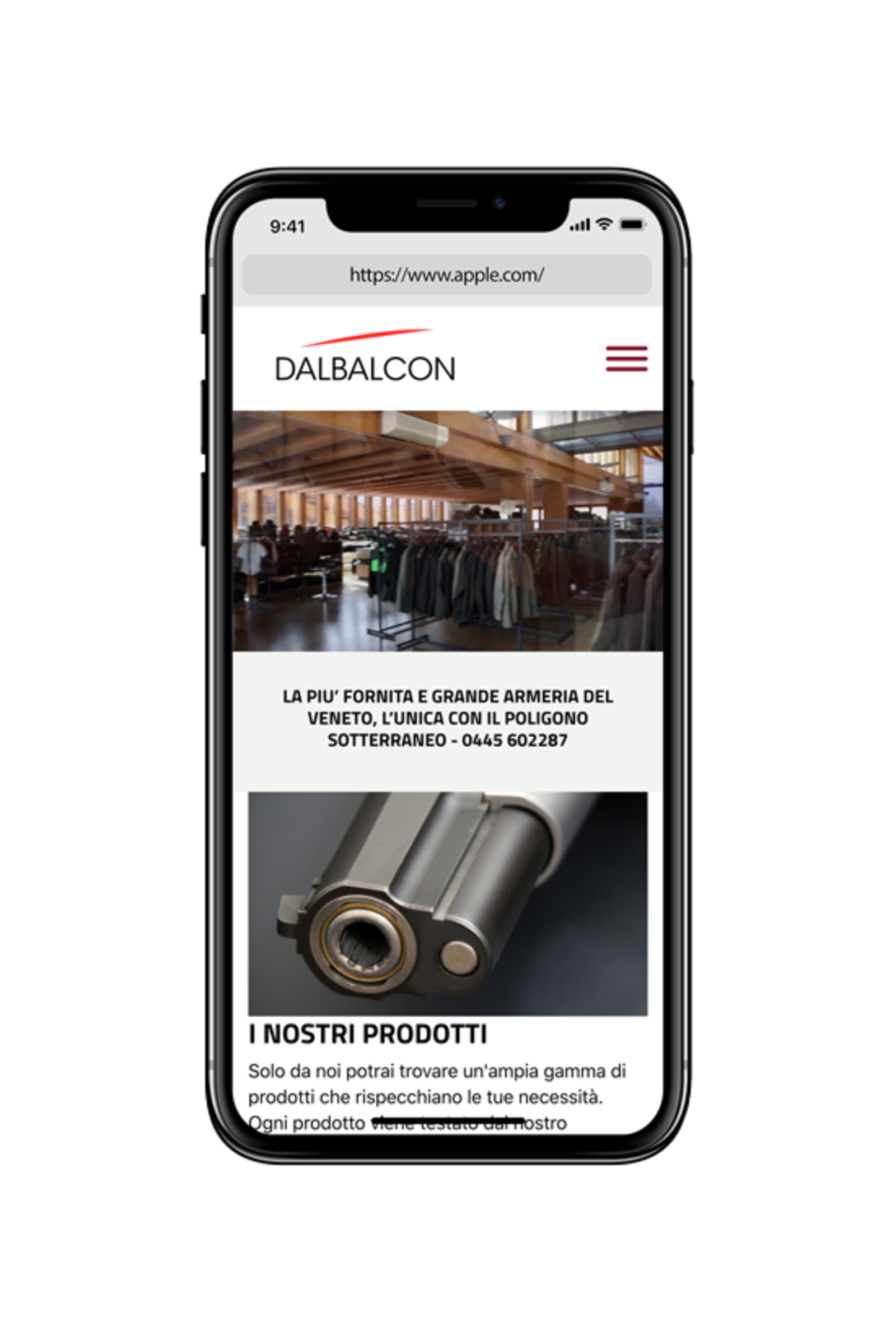 Iphone X that displays the home page of the Armeria Dal Balcon site