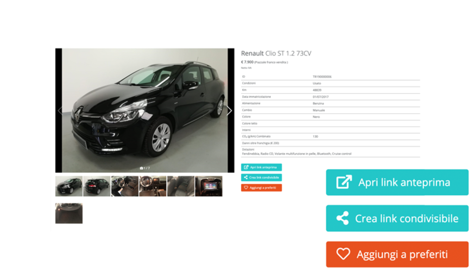 Screen of a car card with photos, details and options for the car