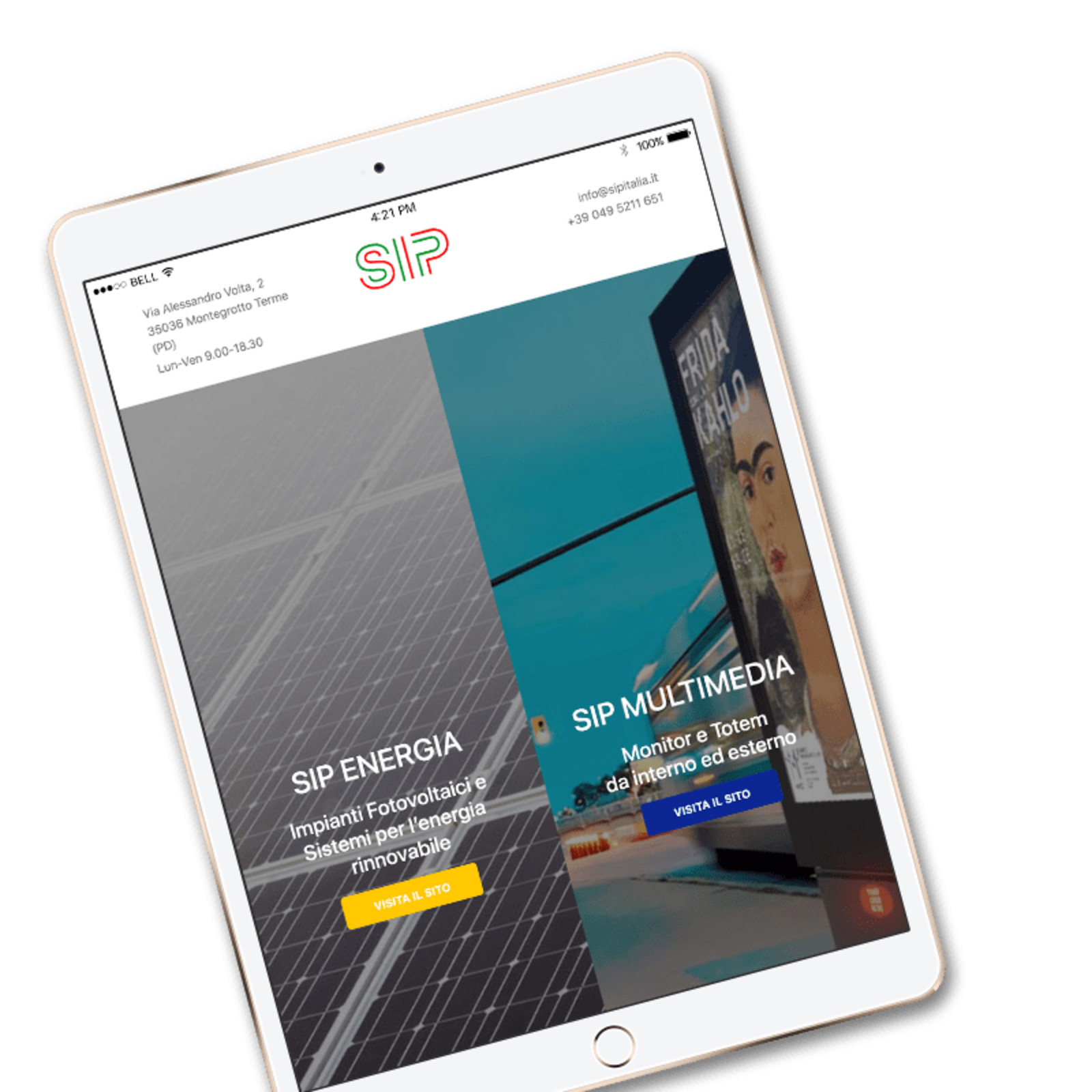 Mockup di un iPad come mostra la landing page iniziale